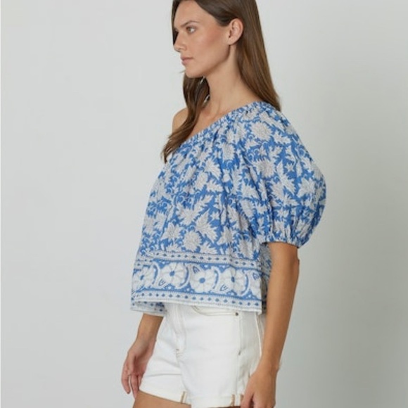 Velvet Graham & Spencer Size L One Shoulder Blouse Floral Puffed Sleeve - Picture 4 of 12